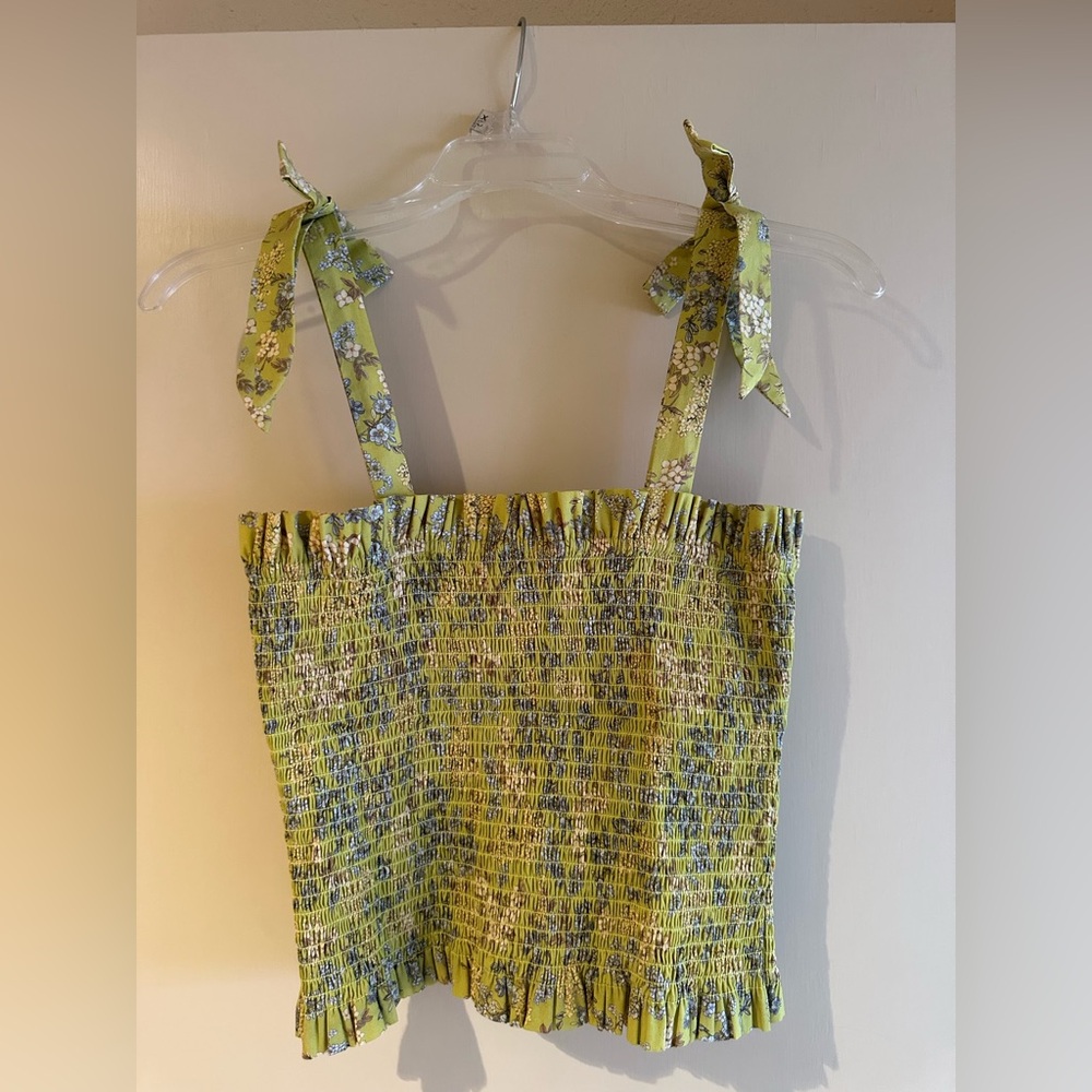 Ganni Yellow Floral Smocked Tie-Shoulder Cropped Camisole